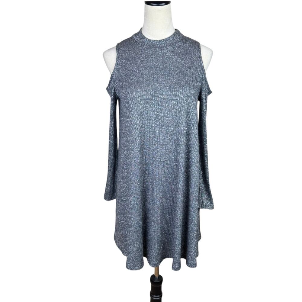 Soprano Gray & Silver Sparkle Cold Shoulder Long Sleeve Knit Swing Dress